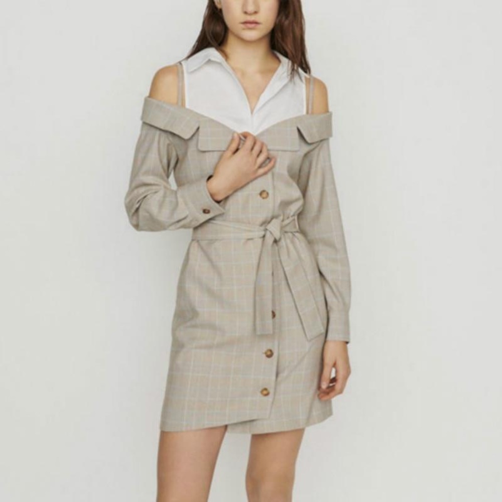 Maje belted plaid off shoulder dress